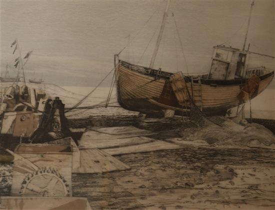 Michael Chaplin, 3 etchings with aquatint, boats Largest 30 x 38cm